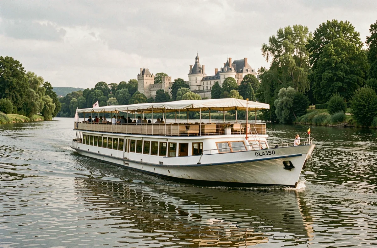 Bateau de croisière fluviale naviguant sur la Loire avec des châteaux en arrière-plan