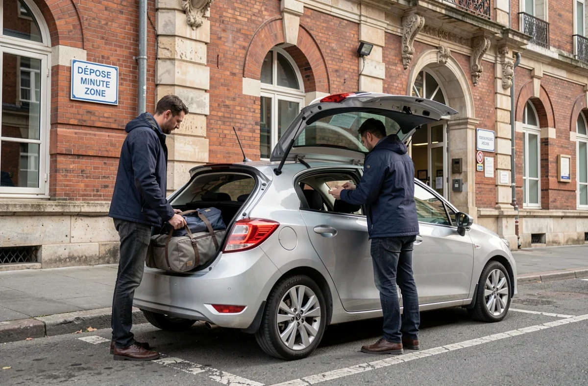 Zone de dépose-minute devant la gare Lille Flandres avec un voyageur déchargeant ses valises