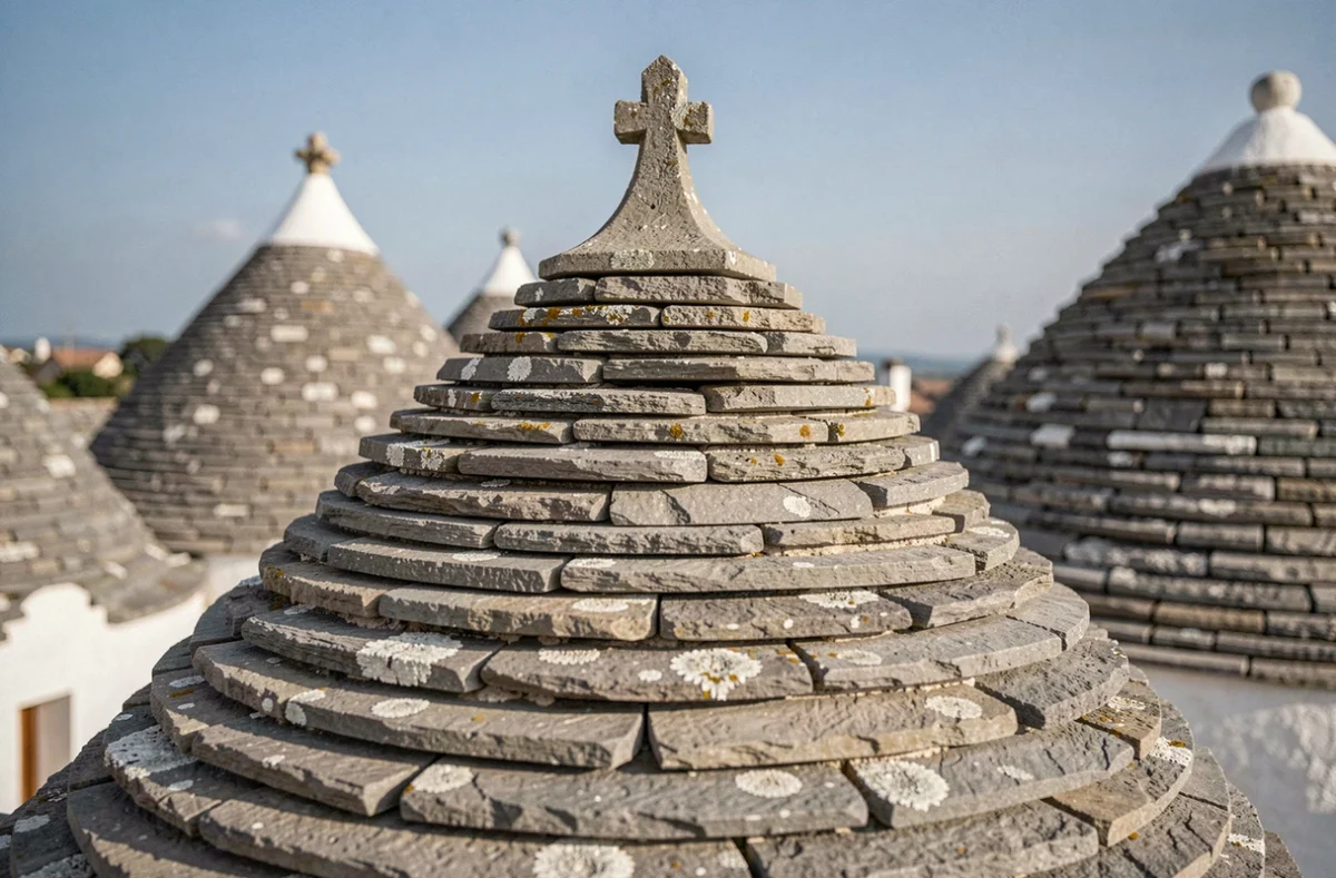 Détail architectural du toit conique d'un trullo en pierre calcaire à Alberobello