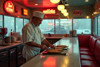Intérieur authentique d'un diner américain classique à Staten Island avec comptoir en Formica, tabourets chromés et cuisiner en tablier blanc