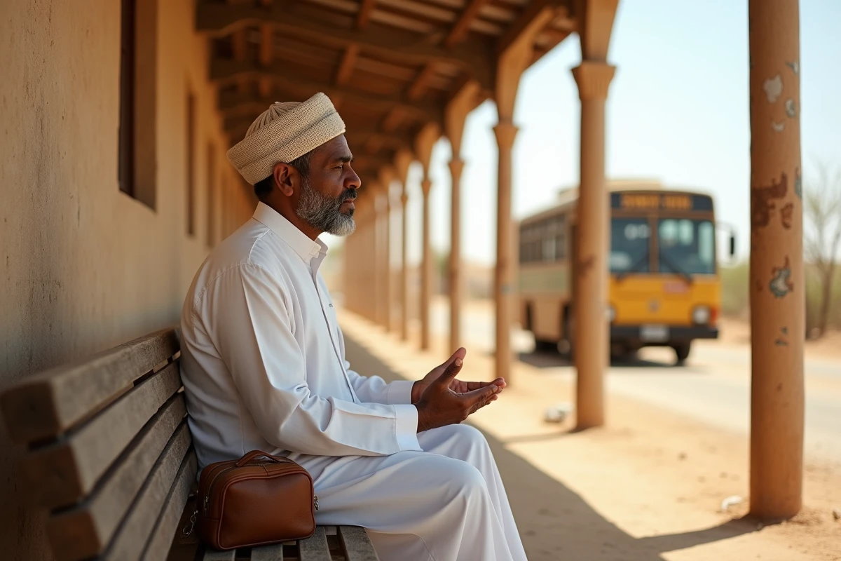 Homme nord-africain en djellaba assis sur un banc de gare routière rurale, mains ouvertes en supplication, récitant une duaa du voyageur lors d'un imprévu de transport