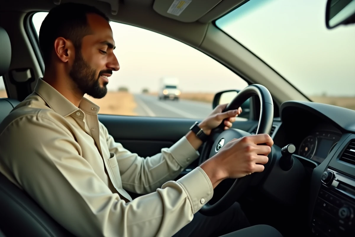 Homme musulman assis dans une voiture immobilisée sur le bord de la route, les mains sur le volant, en train de réciter une duaa du voyageur lors d'un imprévu