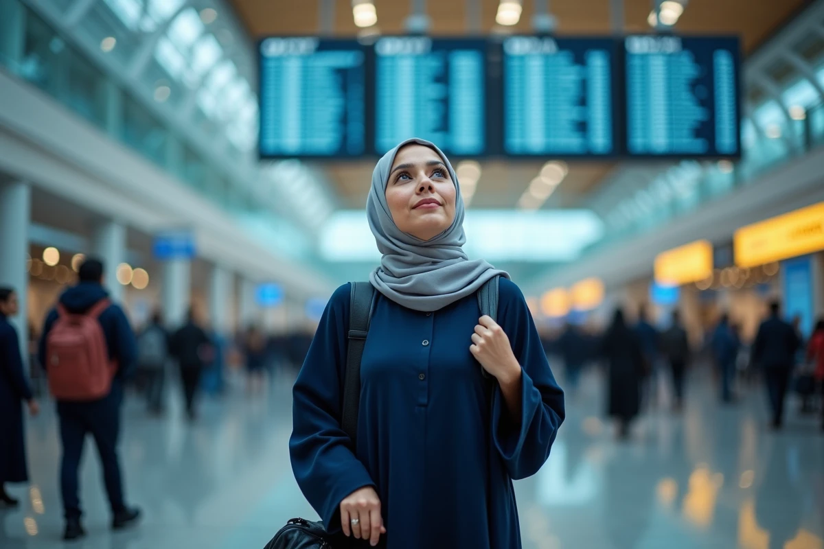 Femme musulmane voilée debout dans un terminal d'aéroport face au tableau des départs, récitant une duaa en cas de retard de vol lors d'un voyage