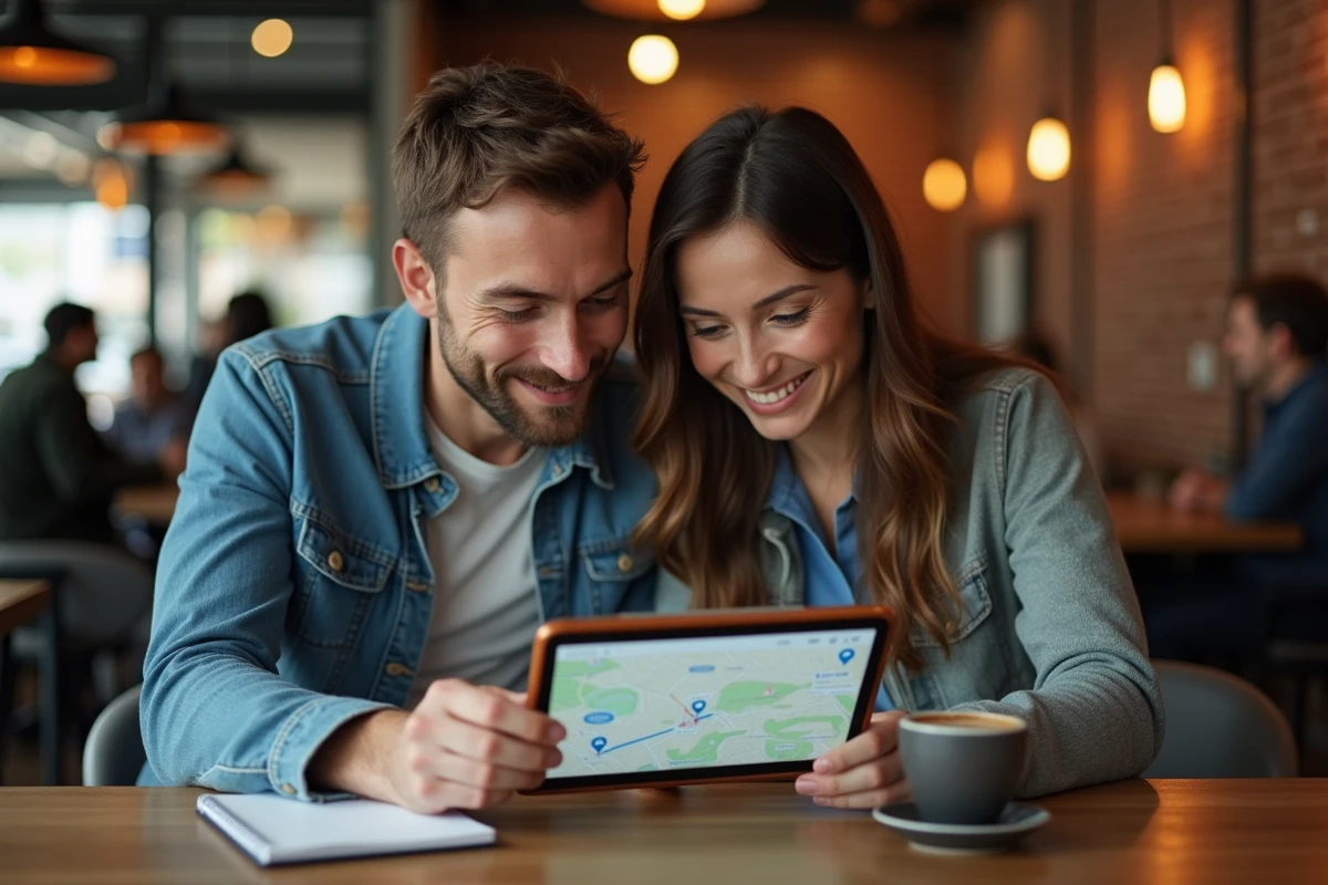 Deux personnes étudiant une carte interactive sur tablette dans un café pour planifier un itinéraire