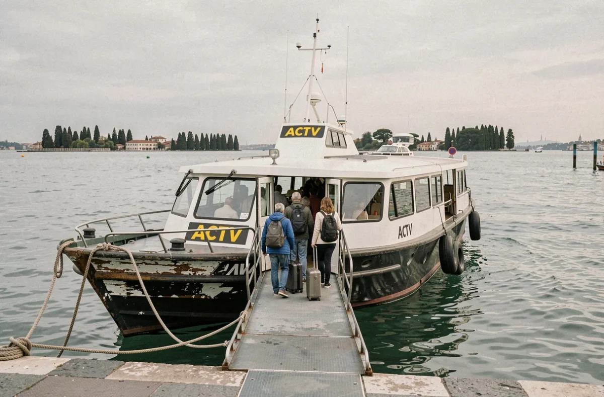 Embarquement de touristes sur un vaporetto à l'arrêt San Marco à Venise