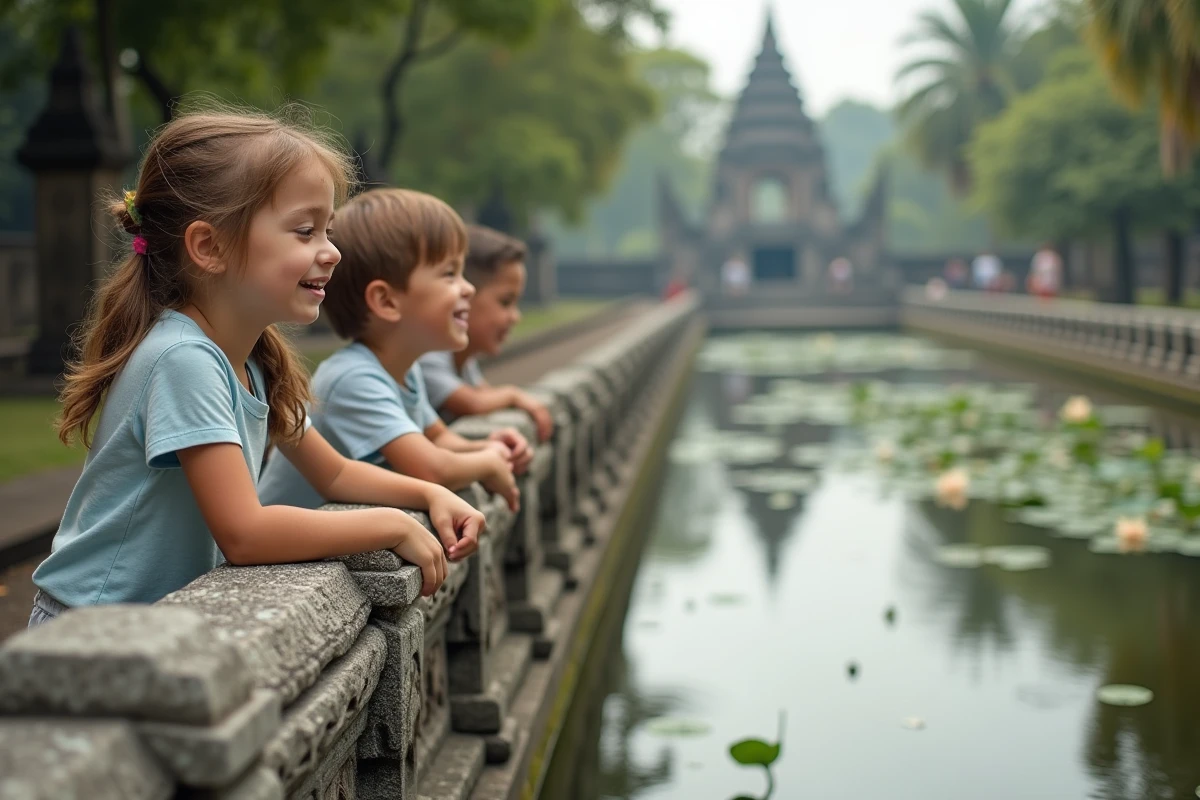 Deux enfants européens observant le canal et les douves entourant le temple Taman Ayun à Bali