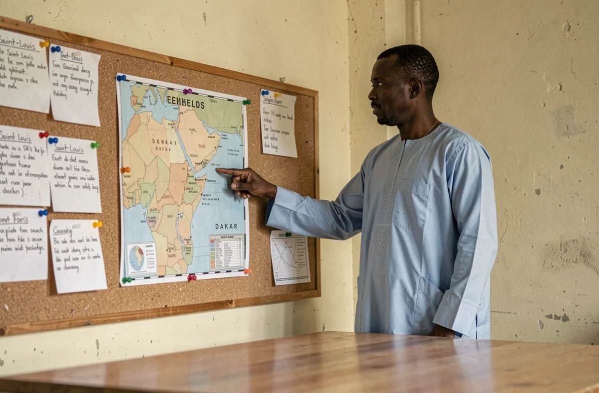 Enseignant sénégalais pointant les repères géographiques sur une carte du Sénégal en salle de classe