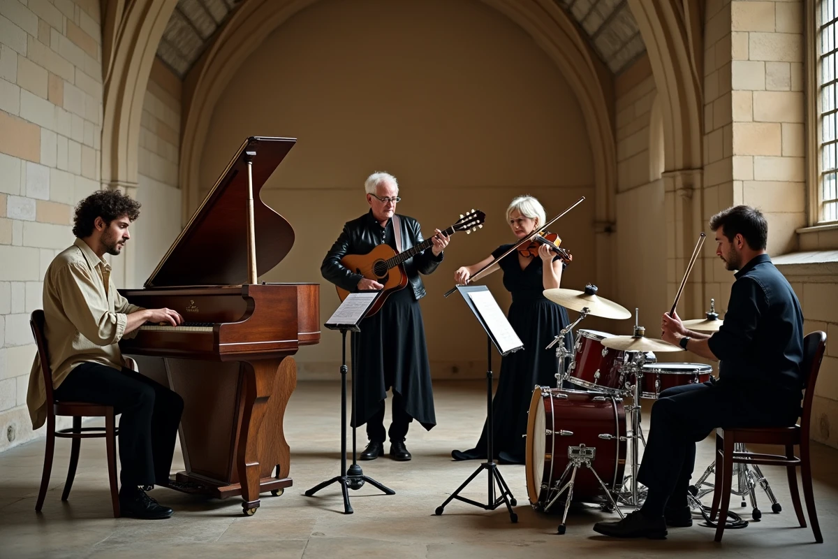 Ensemble de musiciens baroque et rock répétant ensemble dans une chapelle en pierre du XVIIIe siècle