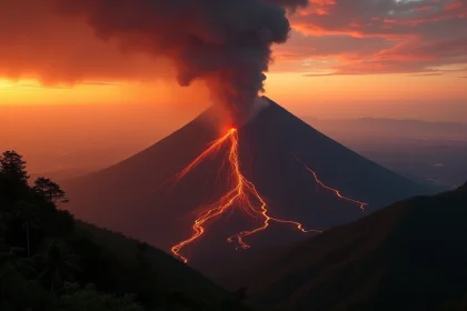 Éruption du volcan Nyiragongo avec coulées de lave et panache de cendres visibles depuis Goma en République démocratique du Congo