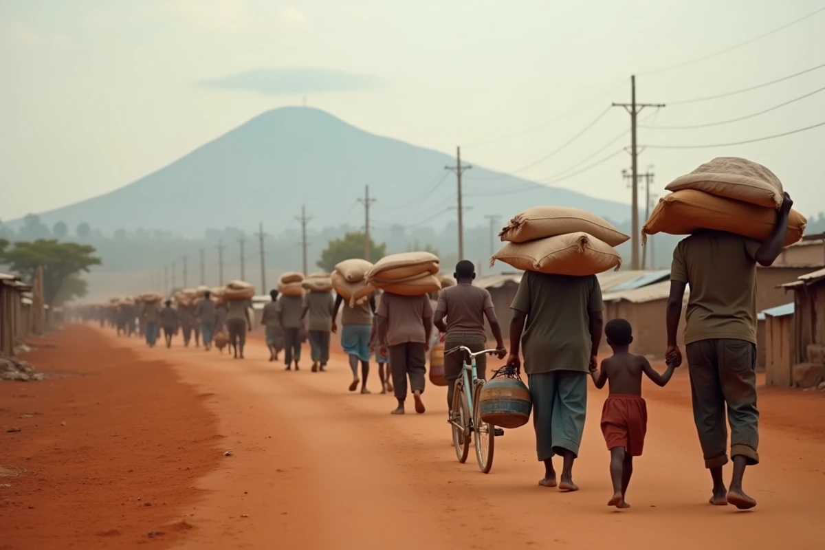 Population de Goma en évacuation sur une route poussiéreuse avec le volcan Nyiragongo en arrière-plan lors d'une éruption