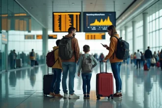 Famille avec bagages dans un terminal d'aéroport international consultant le tableau des départs avant un long vol Paris-Sydney