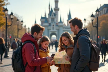 Famille consultant une application de coupe-file à l'entrée d'un parc d'attractions Eurodisney Paris devant un château emblématique