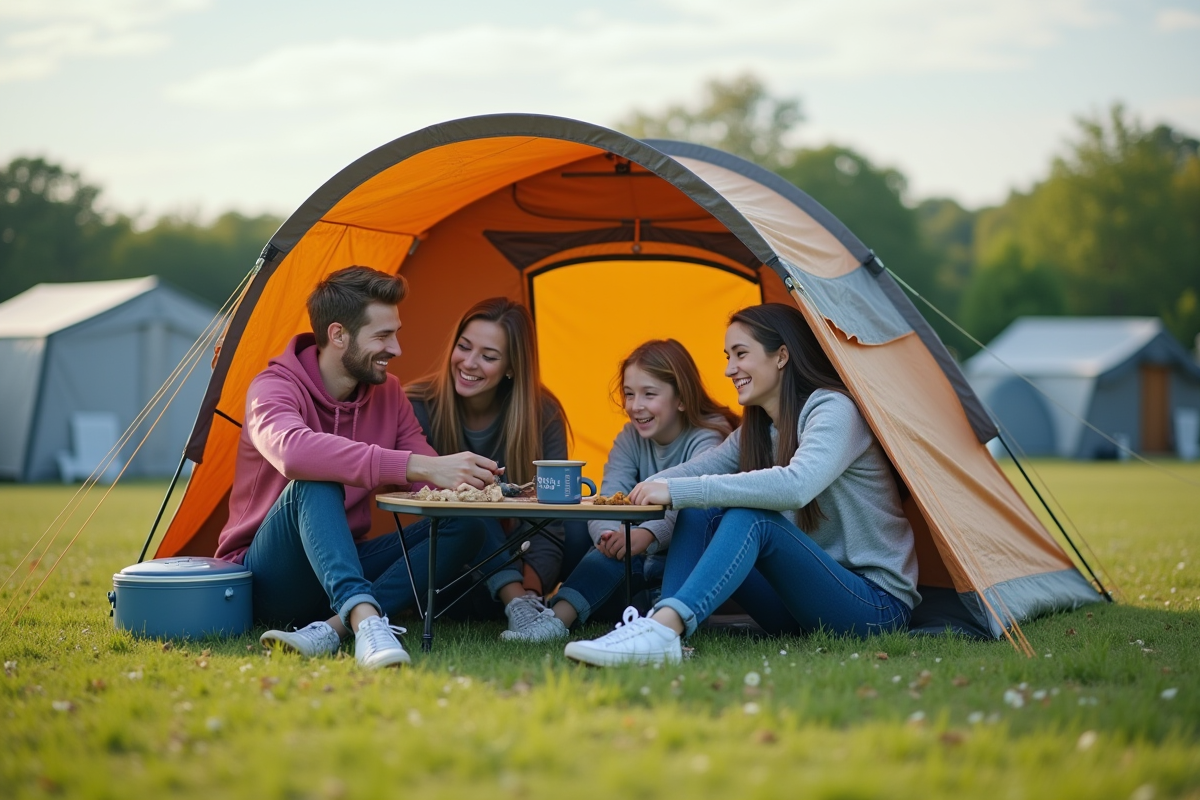 Famille souriante autour d'une tente de camping en plein air