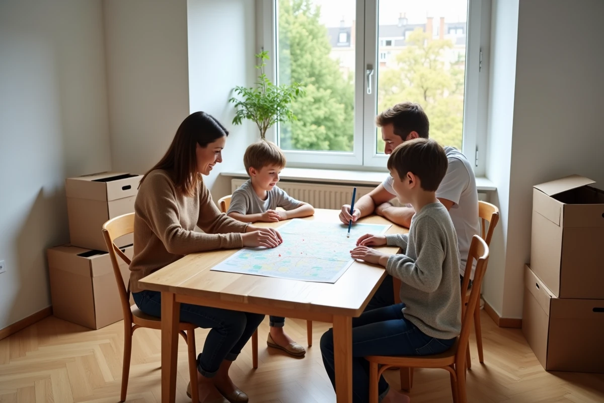 Famille s'installant dans un nouvel appartement à Rodange Luxembourg avec cartons et carte locale