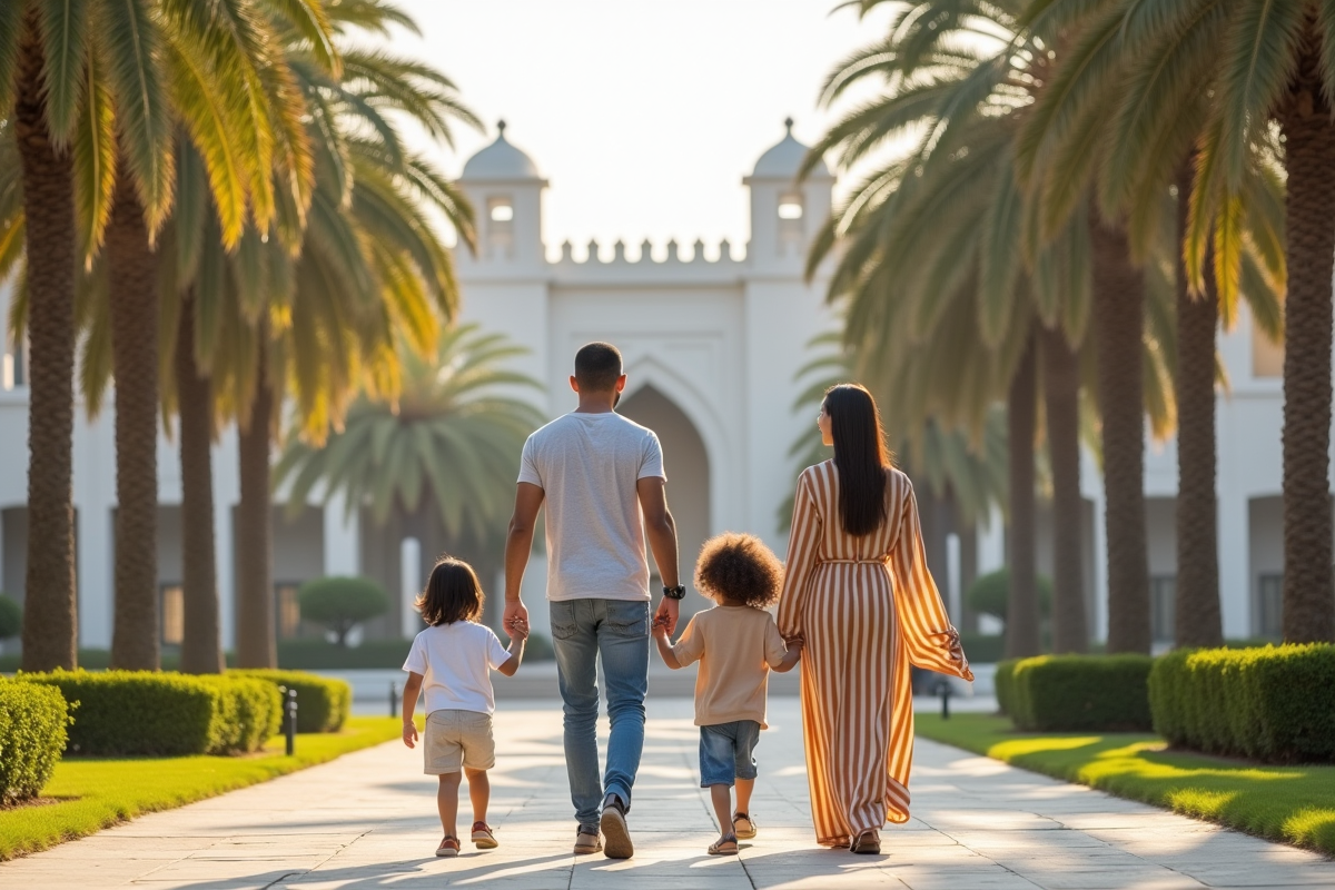 Famille marocaine souriante dans un parc à Rabat