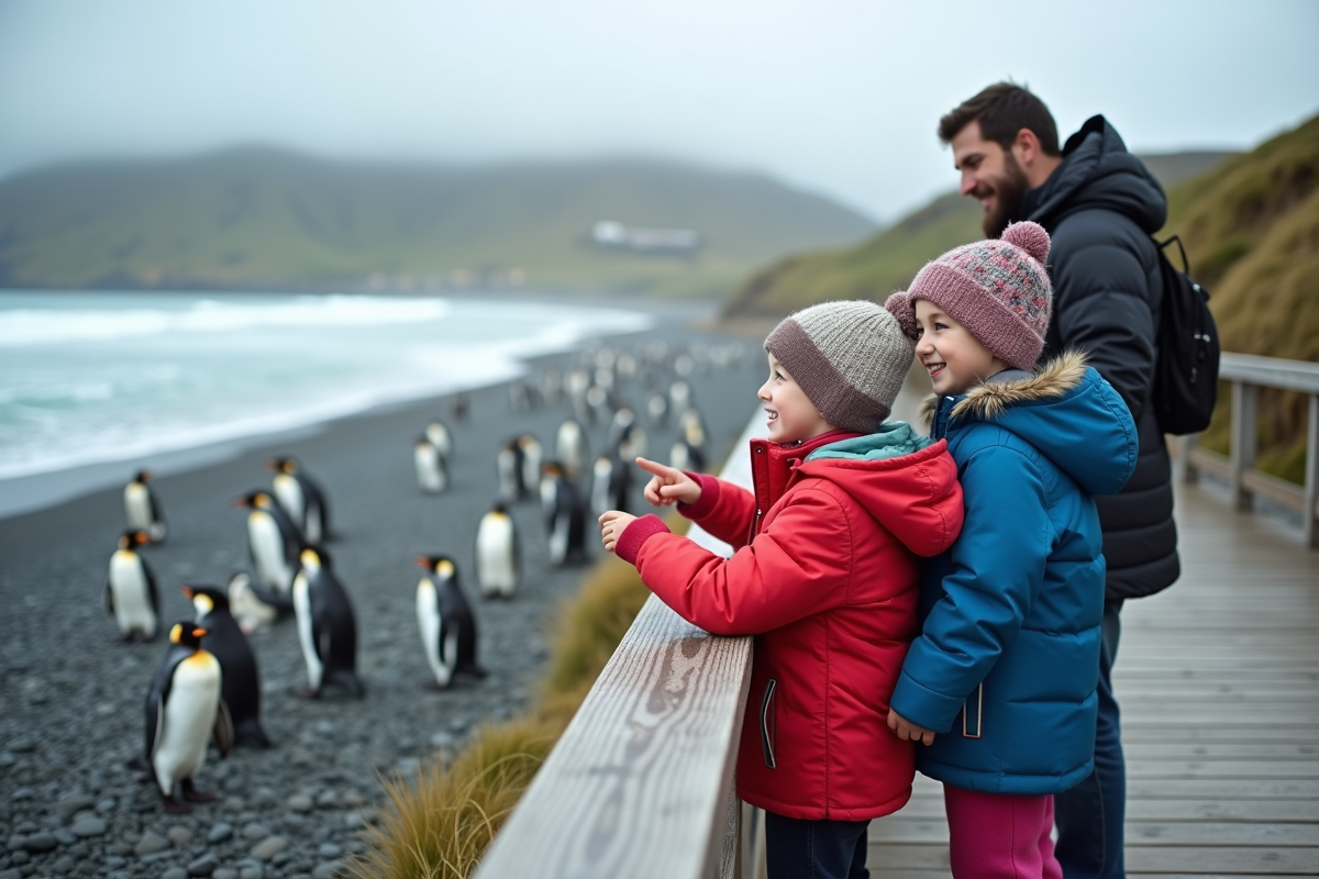 Famille regardant des pingouins sur la plage