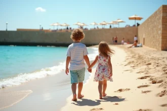 Famille marchant sur la plage à San Pawl ilBahar à Malte