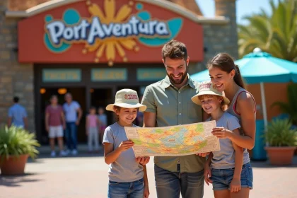 Famille heureuse devant l'entr&eacute;e de PortAventura avec plan et billets