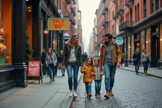 Famille en balade dans les rues pavées de SoHo à New York, devant des immeubles en fonte typiques du quartier