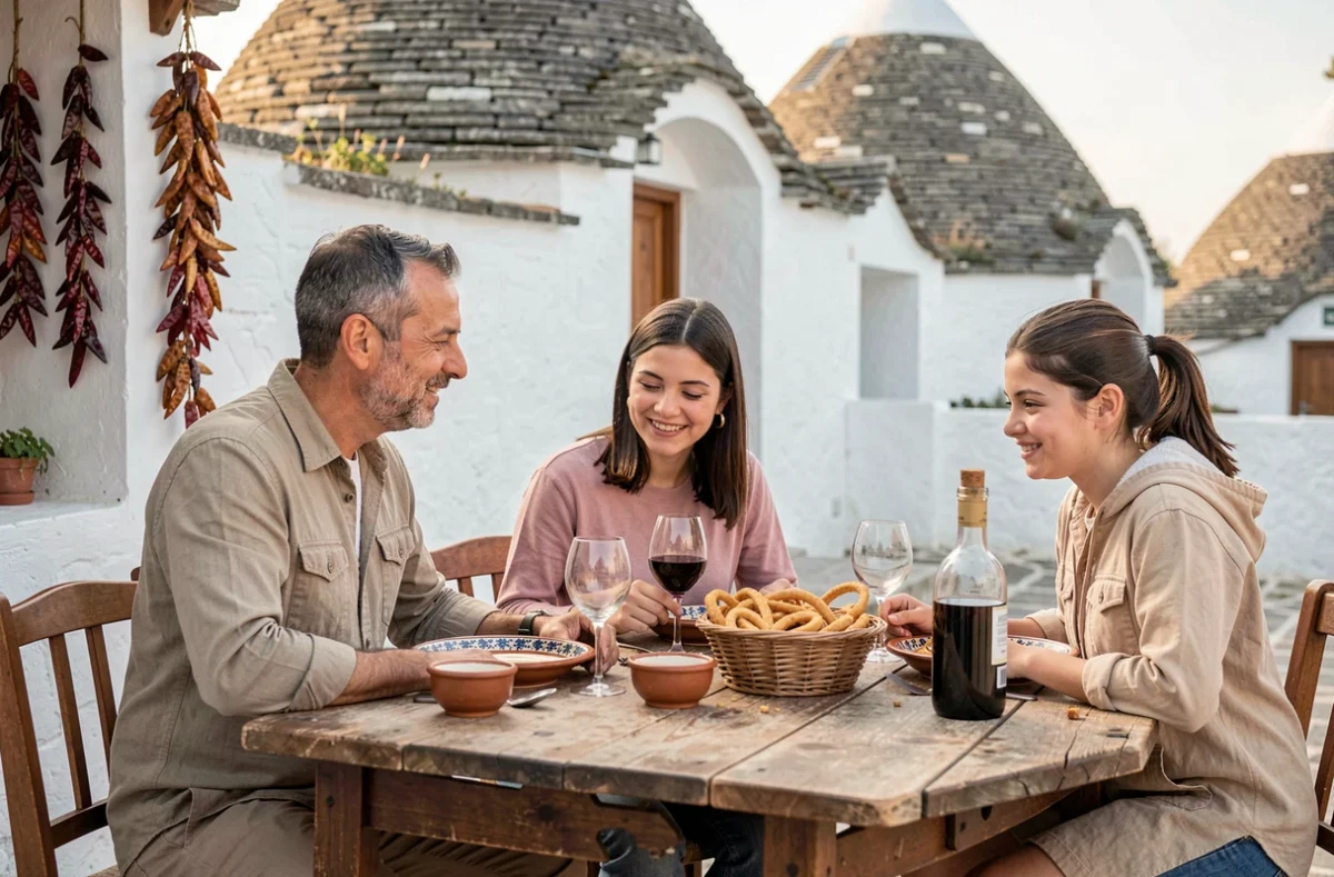 Famille déjeunant en terrasse dans une trattoria traditionnelle au cœur d'Alberobello