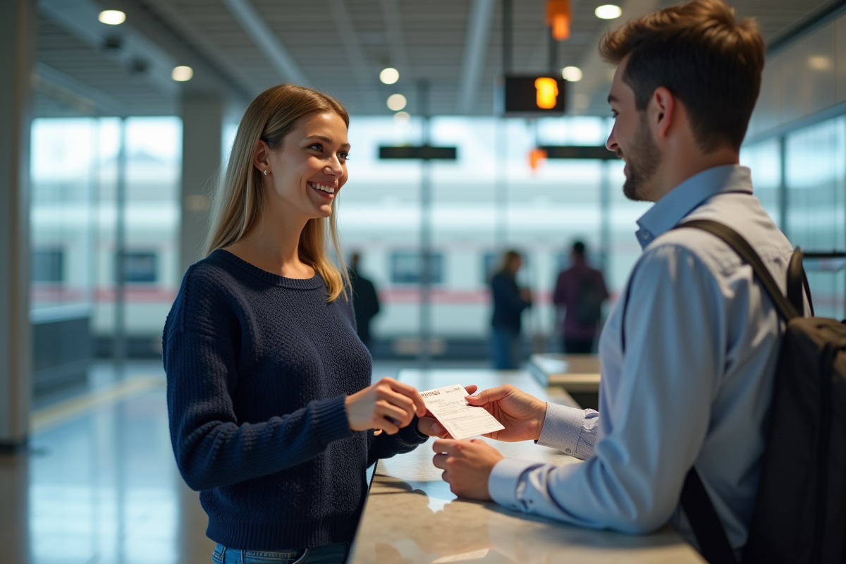 Femme achetant un billet à la gare avec un agent