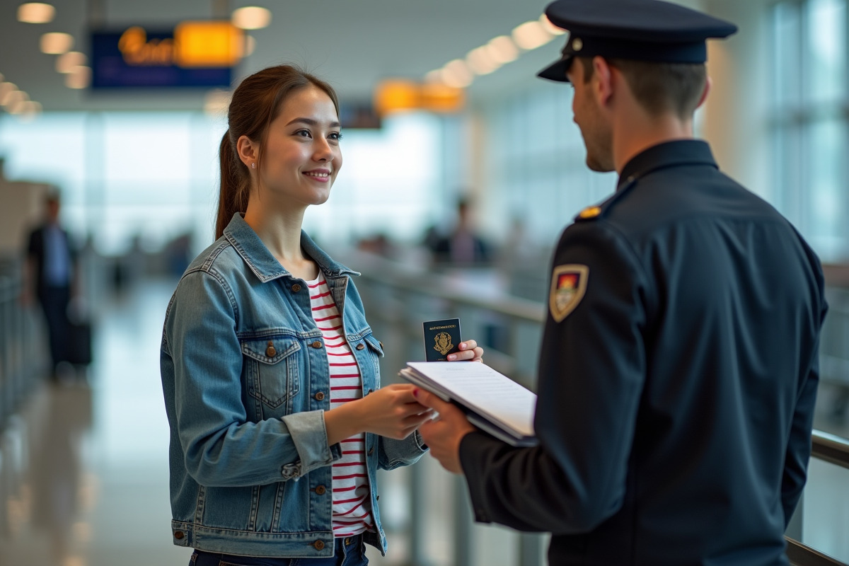Jeune femme à l'aéroport présentant son passeport