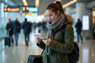 Femme dans un aéroport vérifiant un sac de voyage avec médicaments