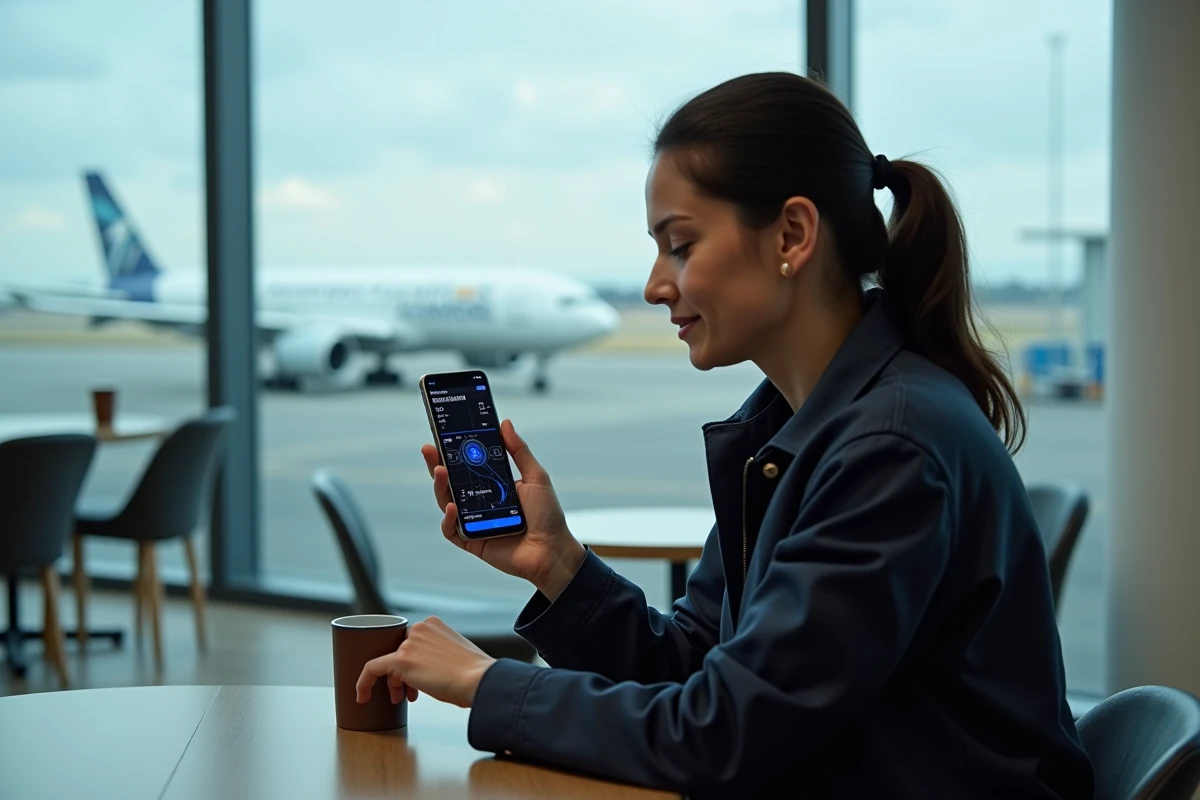 Femme utilisant une application mobile de suivi d'avions en temps réel dans un salon d'aéroport