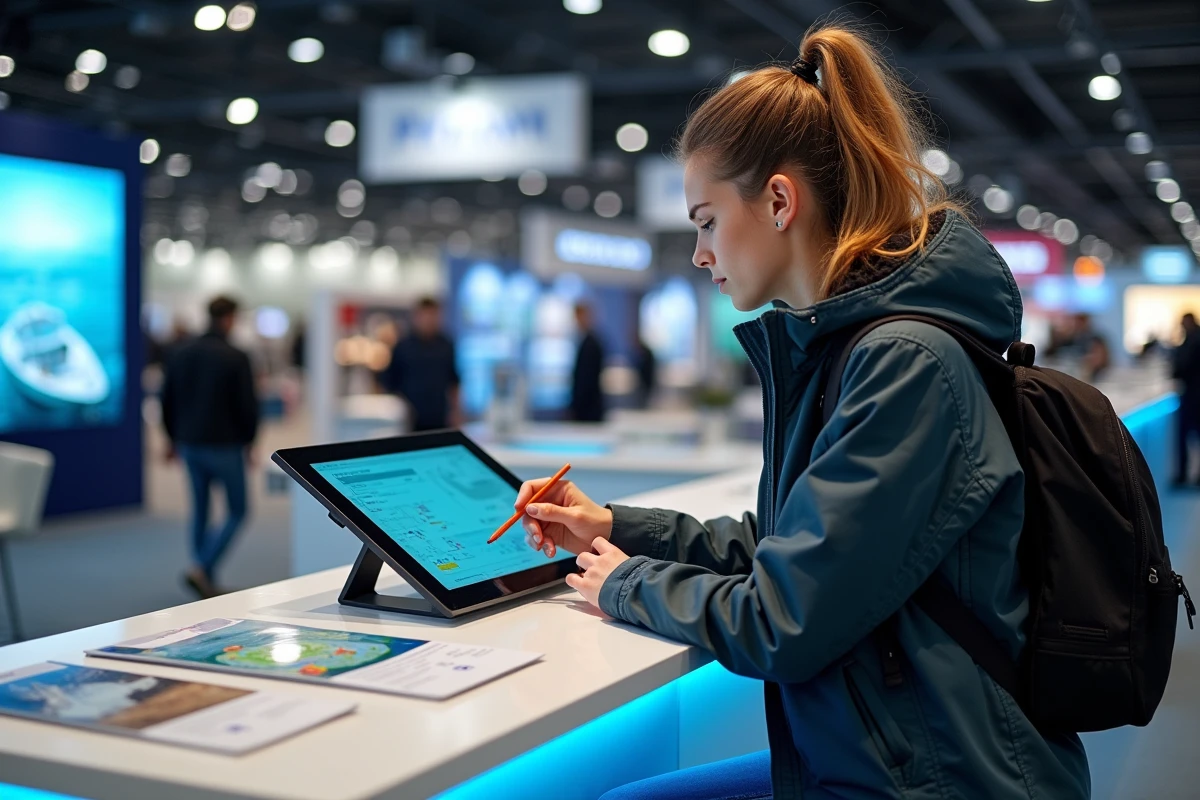 Jeune femme teste un &eacute;cran de navigation marine au salon nautique