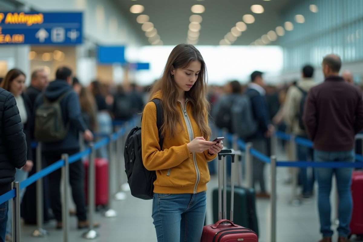 Jeune femme vérifiant son téléphone dans la file d