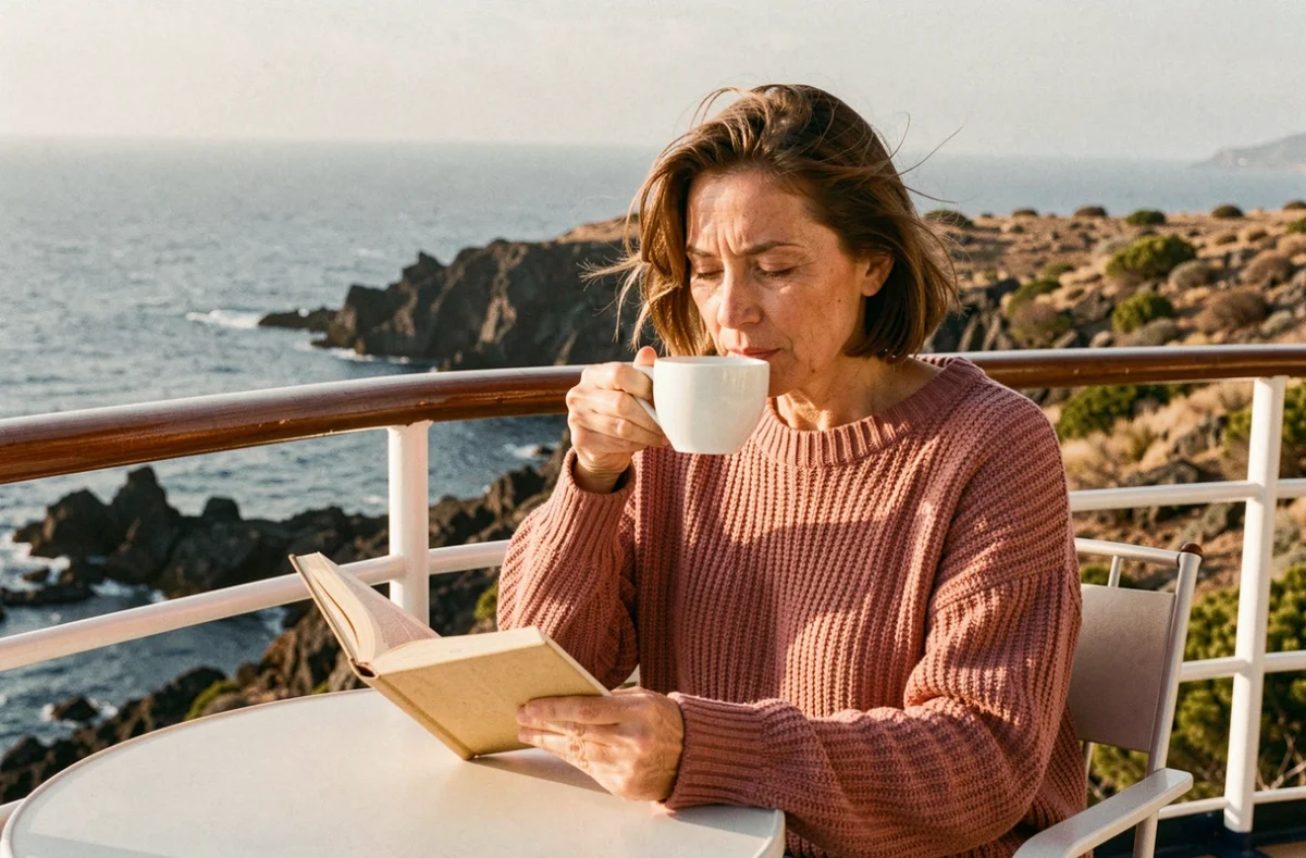 Femme lisant un livre sur le balcon d'une cabine de croisière avec vue sur les côtes des Canaries en octobre