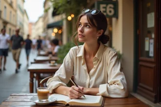 Femme écrivant dans un carnet en terrasse de café pendant ses vacances, illustrant l'usage élégant des expressions françaises en voyage