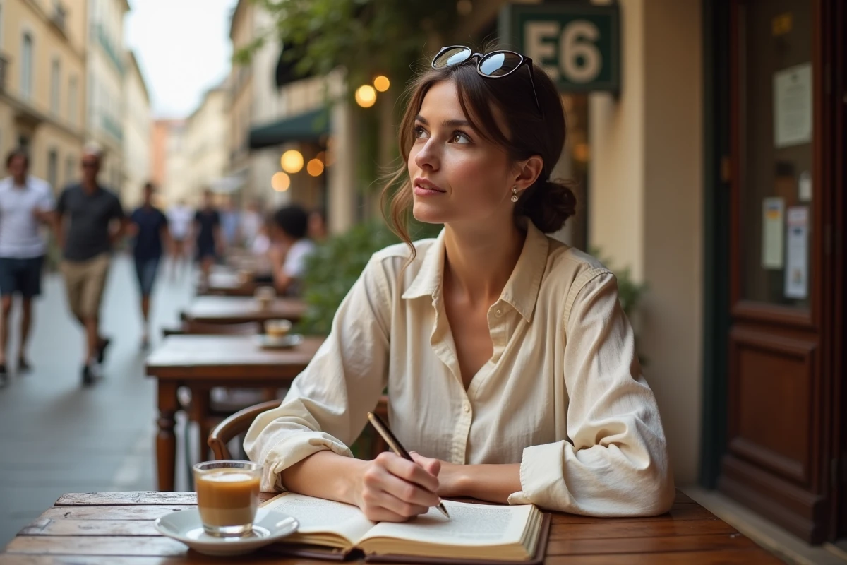 Femme écrivant dans un carnet en terrasse de café pendant ses vacances, illustrant l'usage élégant des expressions françaises en voyage