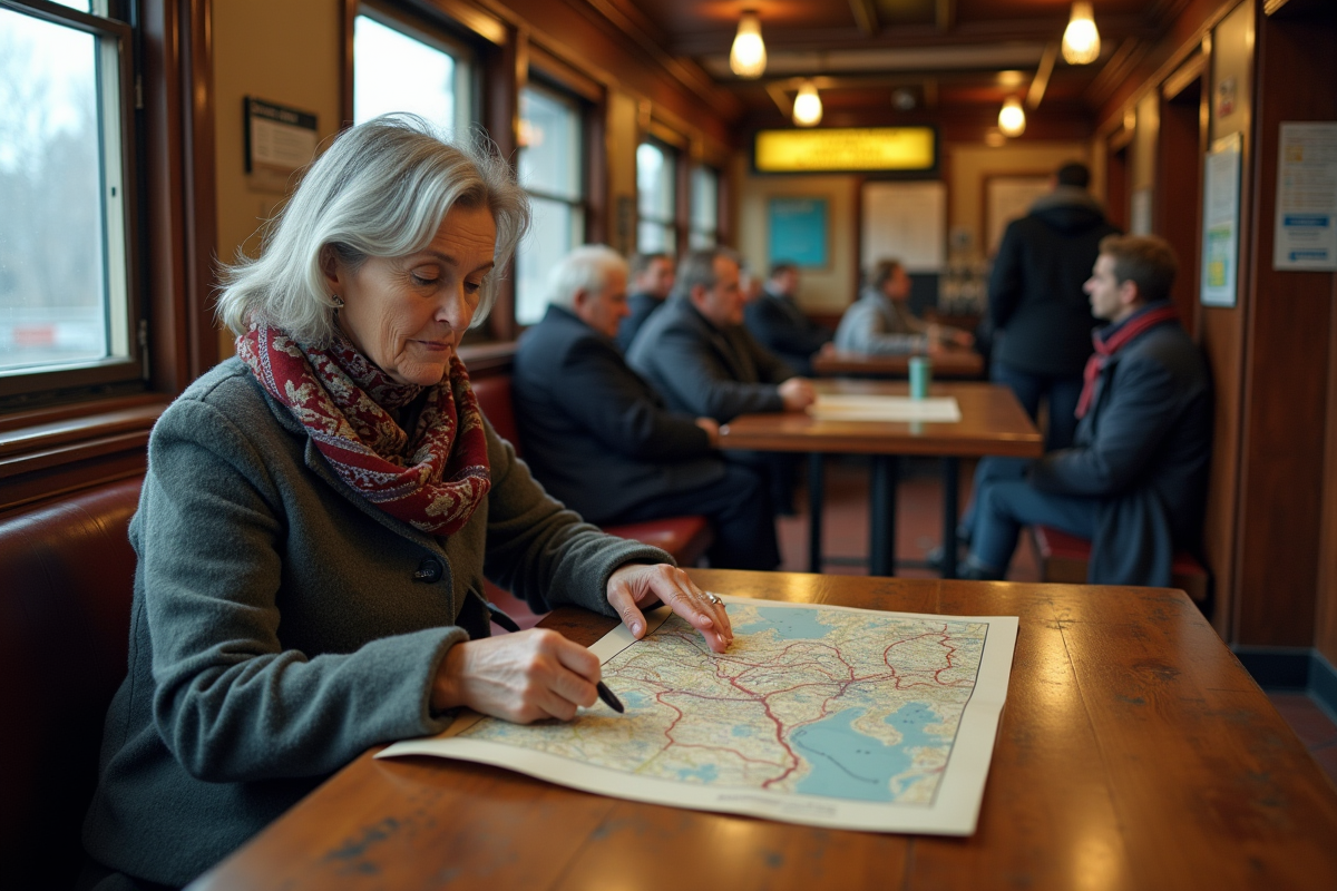 Femme regardant une carte du Transsiberien dans une gare