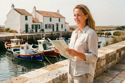 Femme consultant une carte de l'île de Ré sur le port, avec des bateaux colorés et des maisons blanches typiques en arrière-plan