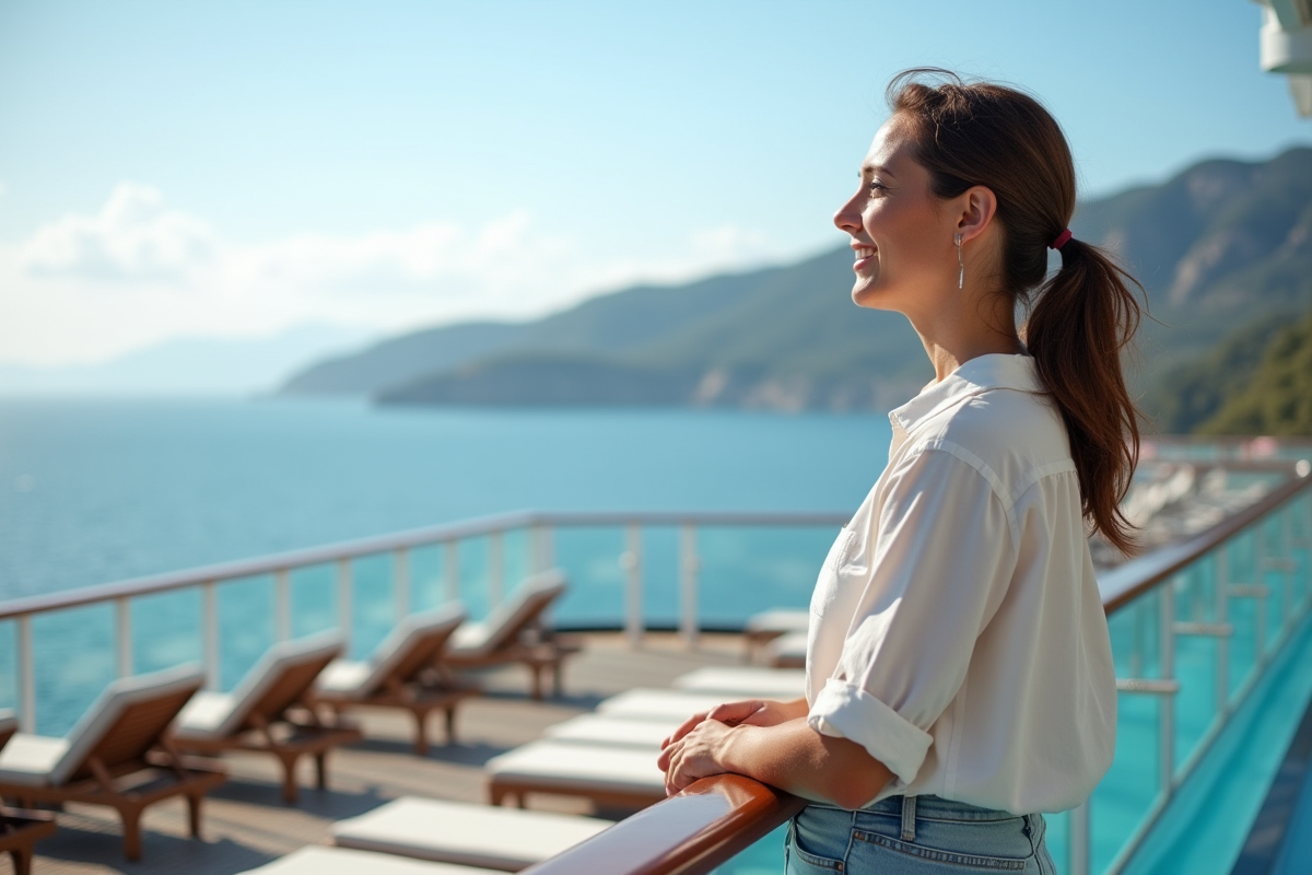 Femme détendue sur le pont d'une croisière en mer