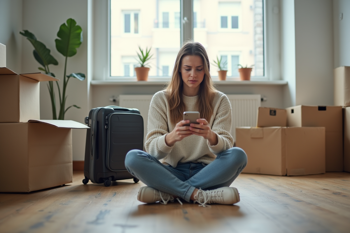 Jeune femme assise sur le sol d'un appartement vide en pleine transition