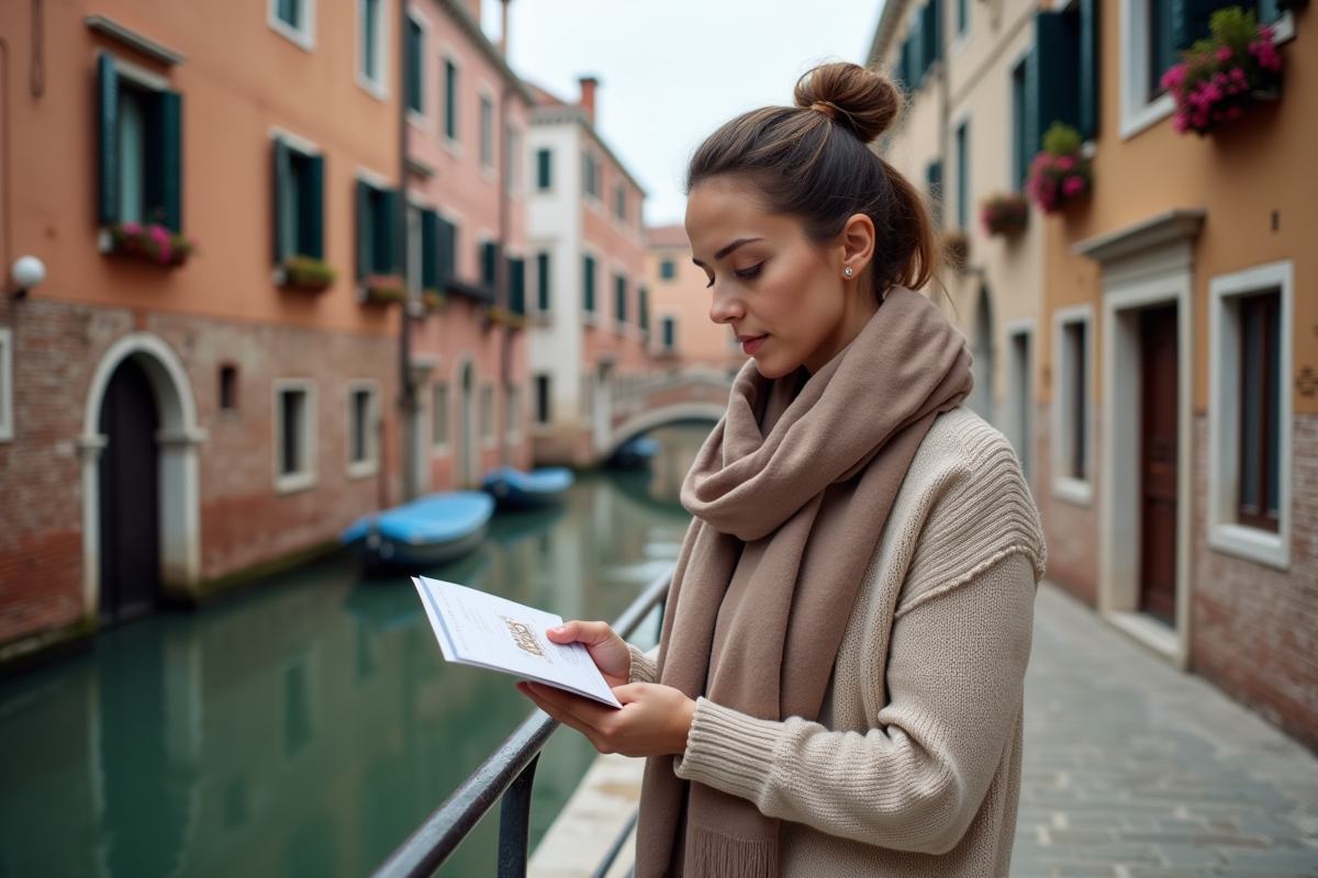 Femme regardant un guide Venezia Unica sur un pont à Venise