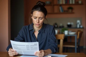 Femme consultant un relevé bancaire à la maison pour anticiper les frais supplémentaires de son compte