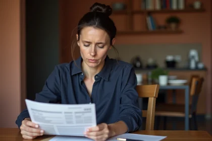 Femme consultant un relevé bancaire à la maison pour anticiper les frais supplémentaires de son compte