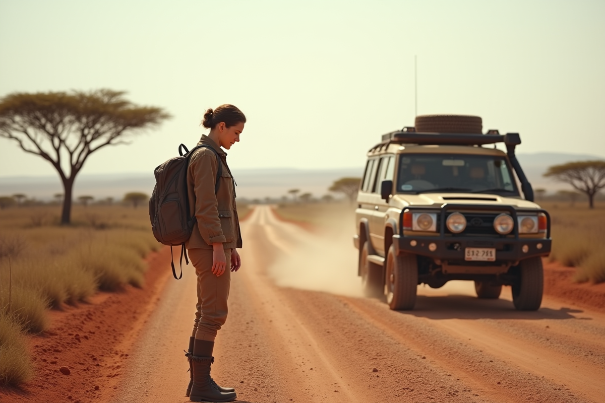 Femme namibienne en randonnée près d'un véhicule en savane
