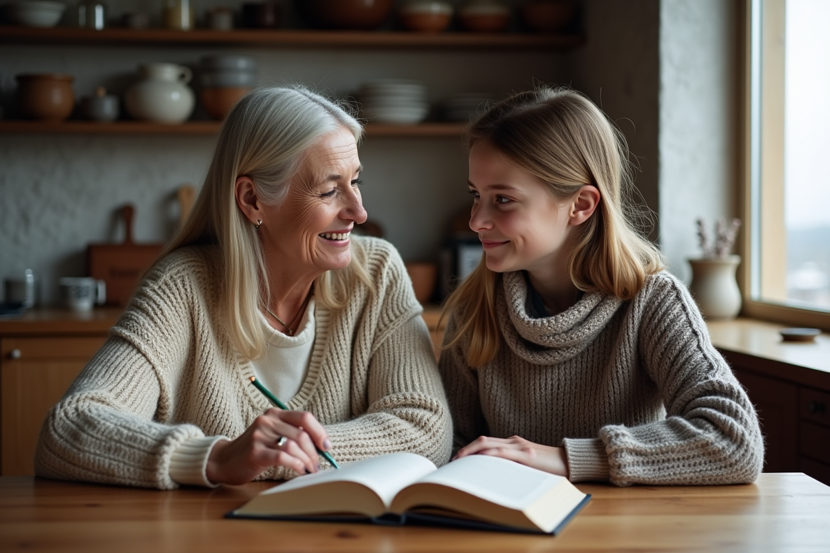 Femme islandaise et fille partageant un livre dans la cuisine chaleureuse
