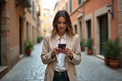 Femme consultant un itinéraire à pied sur Google Maps dans une ruelle pavée