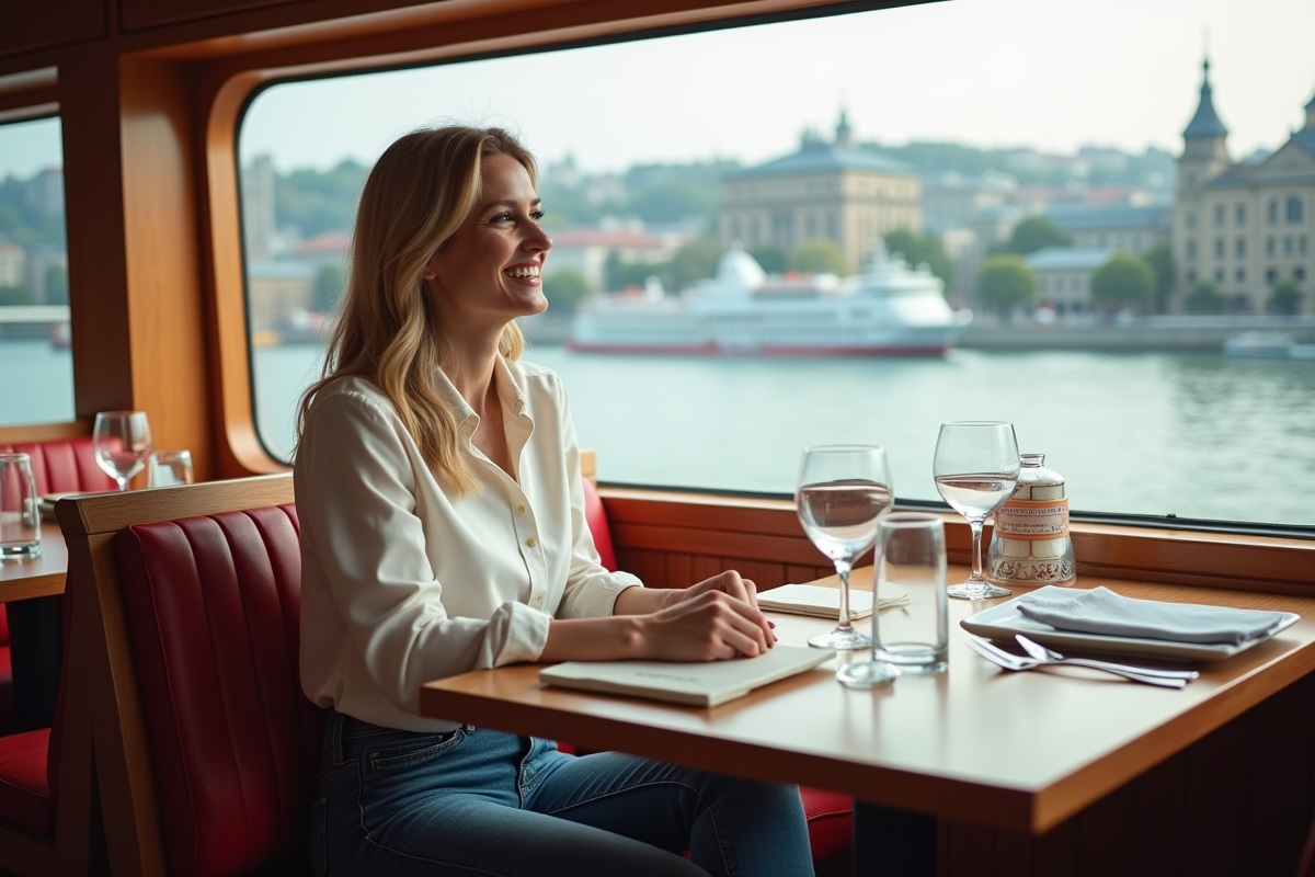 Femme souriante en jeans et blouse à bord d'un bateau