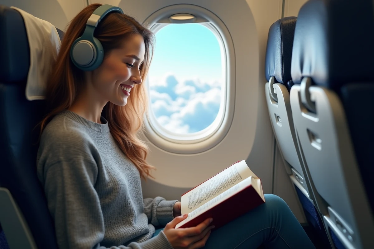 Jeune femme souriante lisant un livre en avion avec vue sur le ciel