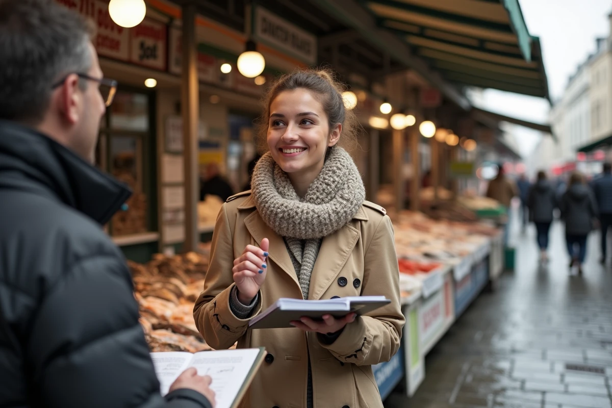 Jeune femme souriante discutant avec un poissonnier au marché