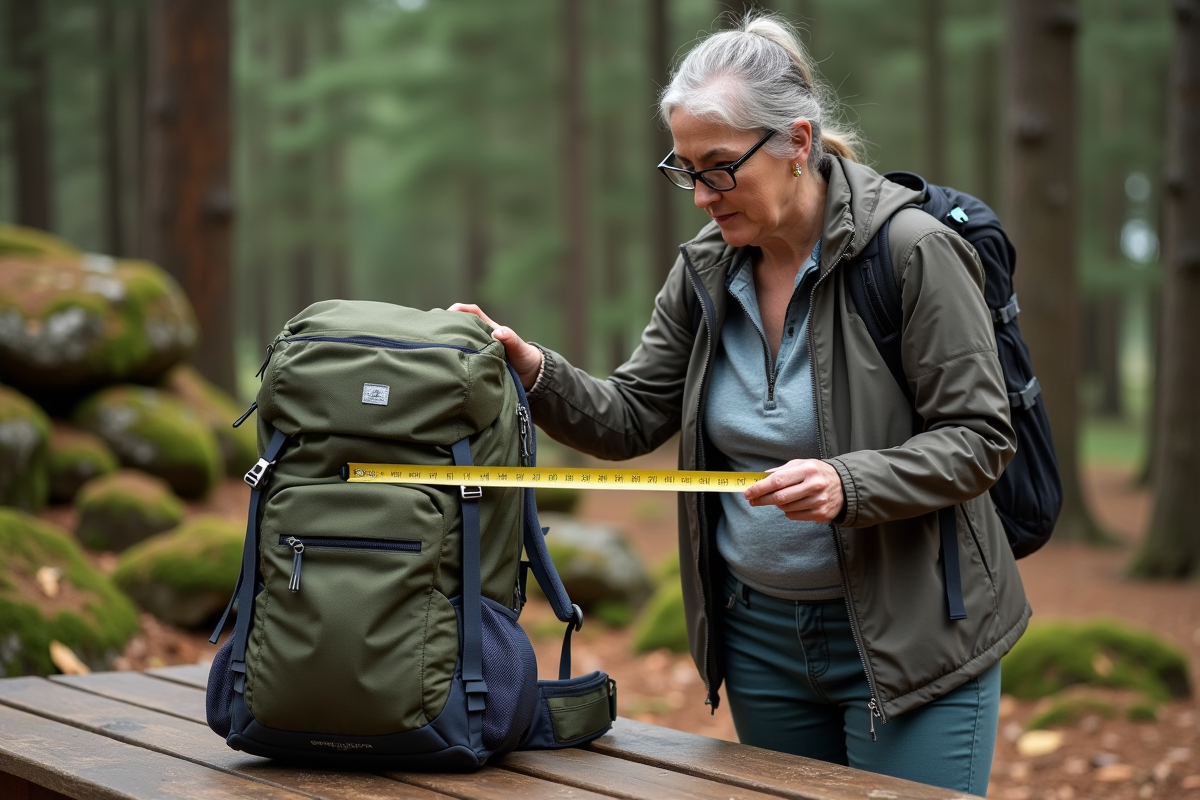 Femme mesurant un sac à dos dans la forêt avec un ruban