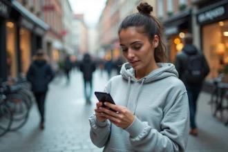 Femme consultant une application de navigation GPS sur smartphone dans une rue urbaine en 2026