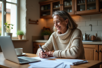 Femme souriante remplissant un formulaire à la maison