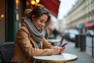 Femme souriante à Paris vérifiant son téléphone